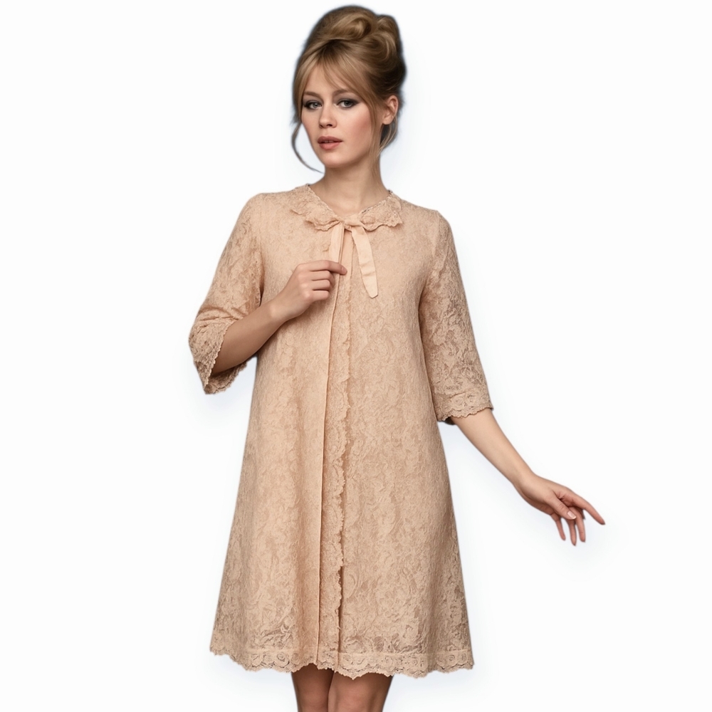 Vintage Odette Barsa Lace Overlay Peignoir Peach Beige Fits Medium
